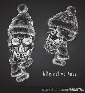 Set Hand drawn sketch human skull with santa hat and fur scarf. Chalk graphic Engraving art isolated on chalkboard background. Alternative Christmas and New Year vintage style. Vector illustration. Set Hand drawn sketch human skull with santa hat and fur scarf. Chalk graphic Engraving art isolated on chalkboard background. Alternative Christmas and New Year vintage style. Vector