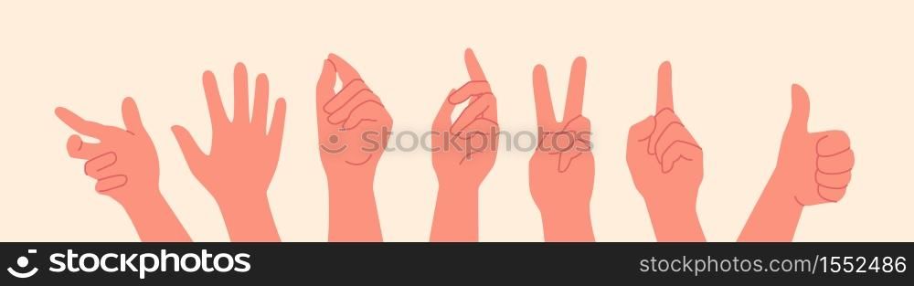 Set hands with different gesture in flat style isolated