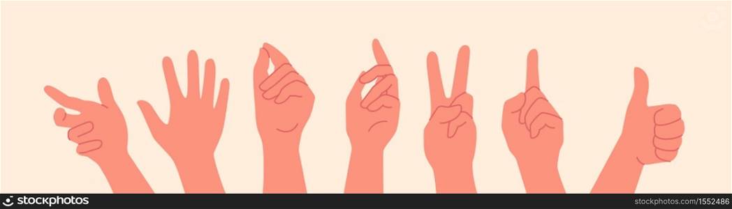 Set hands with different gesture in flat style isolated