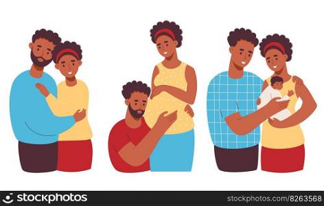 Set Happy black family. Cute ethnic couple with pregnant woman and pair with newborn baby. Isolate vector illustrations in cartoon flat style. Pregnancy motherhood, parenthood concept