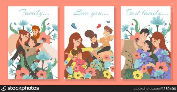 Set Happy Family Cards with Typography. Parents and Kids among Beautiful Colorful Flowers with Flying Butterflies. Mother, Father, Daughter and Son Portrait Cartoon Flat Vector Illustration, Banner. Set of Happy Family Cards Parents and Kids Banners
