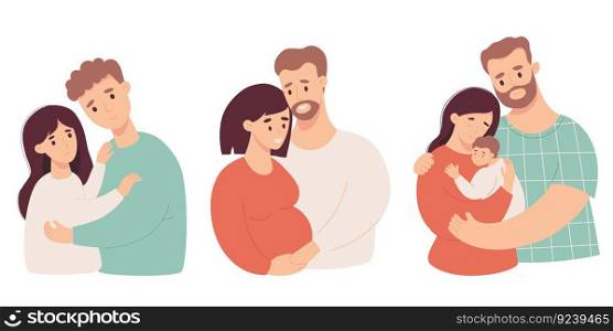 Set Happy family. Cute in love couple with pregnant woman and pair with newborn baby. Isolate vector illustrations in cartoon flat style. Future parents, pregnancy motherhood, parenthood concept