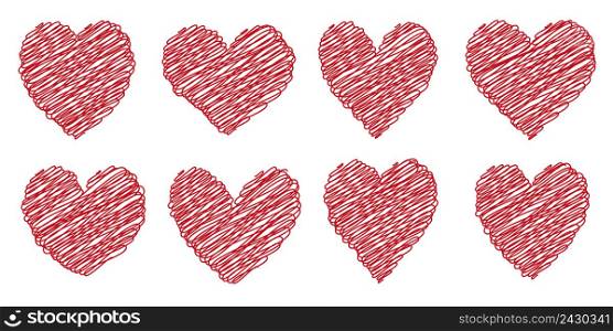 Set heart drawn painted with a brush hand, vector set of different heart shapes scribble doodle