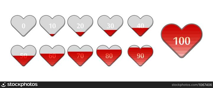 set heart load percentage in flat style, vector. set heart load percentage in flat style