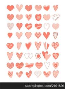 Set hearts hand drawn vector illustration. A large collection delicate beautiful decorated hearts. Romantic elements for postcards, symbol love
