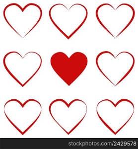 set hearts with calligraphic stroke, symbol of love sign, vector outline of heart red, Valentines day holiday
