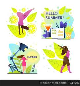 Set Hello Summer Girl at Work and on Vacation. Girl Quit her Job and Began to Actively Heal and Relax. Woman Doing Aerobics or Fitness. Cocktail and Social Networking. Vector, Illustration.