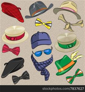 set hipster hats, scarves, bow tie, glasses