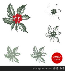 Set holly berry, sprigs of green isolated on white background. Symbol of Christmas, watercolor holy. Vector illustration.