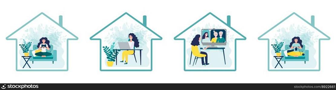 Set home activities inside house icon woman vector image