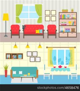Set Home Interiors. Design of Living Rooms. Illustration Set Home Interiors. Design of Living Rooms. Collection Colorful Furniture in Flat Style - Vector