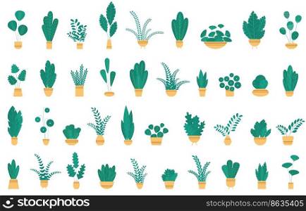 Set house plants and flowers in ceramic pots. Flat style home plants and leaves on white background. Hygge style. Trendy vector botanical elements.