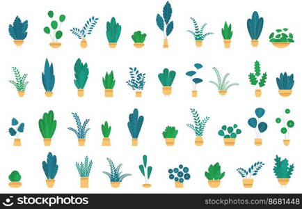 Set house plants and flowers in ceramic pots. Flat style home plants and leaves on white background. Hygge style. Trendy vector botanical elements.
