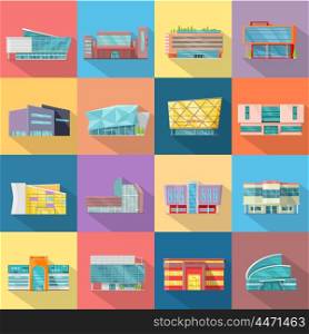 Set houses, buildings, and architecture variations in flat style design with long shadow. Modern city architecture concept. Different modern design structures vector illustration.