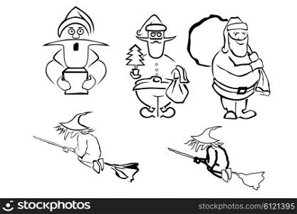 Set hunchbacks Santa Claus with a gift, Christmas tree and a sack isolated on white background. Vector illustration.