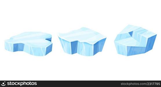 Set Ice floe, frozen water piece, iceberg in cartoon style isolated on white background. Collection polar landscape element, ui game asset. Winter decoration. Vector illustration