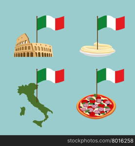 Set icon Italy. Flag and map, pasta and pizza.&#xA;