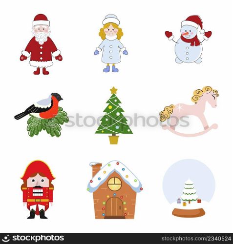 Set icon new year and Christmas cartoon style. Santa Claus and Snow Maiden. Christmas magic ball.