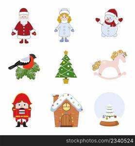Set icon new year and Christmas cartoon style. Santa Claus and Snow Maiden. Christmas magic ball.
