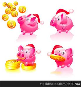 Set icons - Christmas & Happy New Years, Piggy bank with coins,