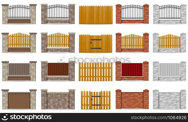 set icons fence made from wooden stone brick vector illustration isolated on white background