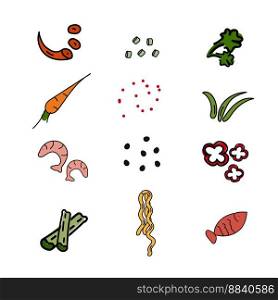 Set icons for infographics Noodles and ingredients. Shrimp, peppers, carrots, beans, greens, celery, spices. Asian food. Vector illustration for cover, menu, postcards, banner and social media post. Set icons for infographics Noodles and ingredients. Asian food Vector illustration.