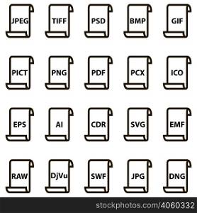 Set icons of document file formats raster and vector graphics. Vector illustration for print or website design. Set icons of document file formats