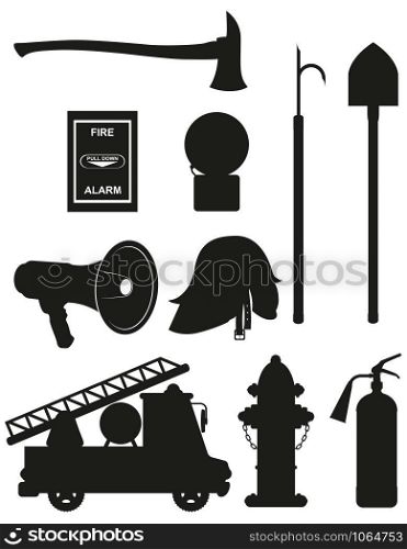set icons of firefighting equipment black silhouette vector illustration isolated on white background