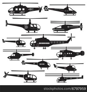 Set icons of helicopters isolated on white. Vector illustration