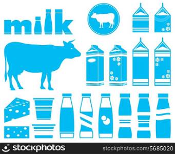 Set icons of milk, dairy products and cow