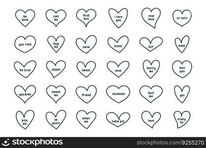 Set icons of sweet heart shape with lettering world. Isolated hand drawn doodle sketch vector illustration.