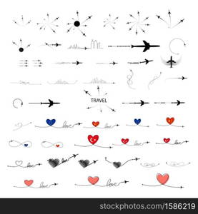 Set icons of travel way by plane. Takeoff and landing of a passenger plane. Flight route infographic elements. Flight by airplane, aviation tourism vector isolated illustrations collection.. Set icons of travel way by plane. Takeoff and landing of a passenger plane. Flight route infographic elements. Flight by airplane, aviation tourism vector isolated illustrations collection