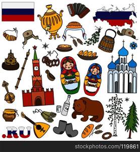 Set icons or objects,elements.Russian symbols, travel Russia, Russian traditions. Set of colorful flat style design . Vector illustration.. Russian symbols, travel Russia, Russian traditions