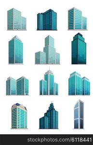Set icons skyscrapers buildings. Building and skyscraper, skyscraper isolated, tower and office building, city architecture building, house business building, apartment building office illustration