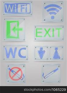 set icons transparent signs for public places on the plate vector illustration isolated on gray background