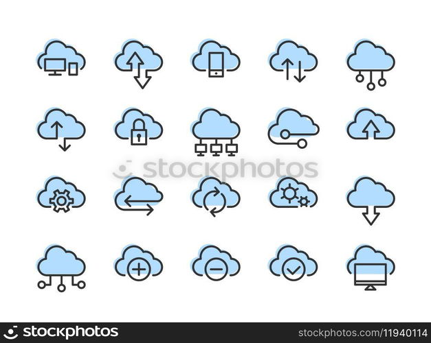 Set icons vector cloud computing connection. Big data global server. Line design network information symbol for computer or mobile phone.. Set of technology icon vector cloud computing connection. Big data global server. Line design symbol.