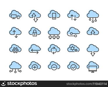 Set icons vector cloud computing connection. Big data global server. Line design network information symbol for computer or mobile phone.. Set of technology icon vector cloud computing connection. Big data global server. Line design symbol.