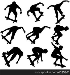Set ilhouettes a skateboarder performs jumping. Vector illustration. Set ilhouettes a skateboarder performs jumping. Vector illustration.