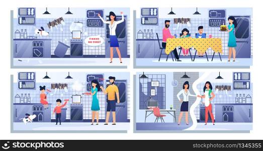 Set Illustration Happy Family, Bundle Landing Page. Family Spare Time Together. Mother, Father, Kids, Son, Daughter, Dog, Cook Food, Sausages, Celebrate Birthday. Woman Tries Be Best Mom and Worker. Set Illustration Happy Family, Bundle Landing Page