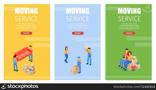 Set Illustration Moving Service, Landing Page. Movers Services when Moving with Volumetric Transported Things and Furniture. Application for Calculating Costs by Weight and Nature Cargo.