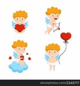Set  illustrations with cherub. Cupid with heart shaped ball. Cute angel for Valentine  Day.  14 February.