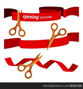 Set illustrations with scissors cutting red ribbons. Ceremony grand open, beginning and start vector. Set illustrations with scissors cutting red ribbons