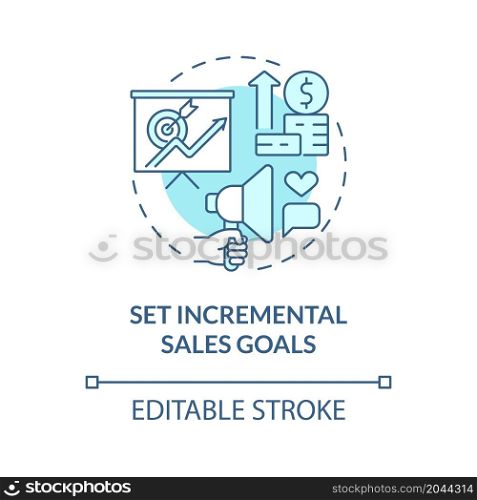 Set incremental sales goals turquoise blue concept icon. Retail company. Distribution business development abstract idea thin line illustration. Vector isolated outline color drawing. Editable stroke. Set incremental sales goals turquoise blue concept icon