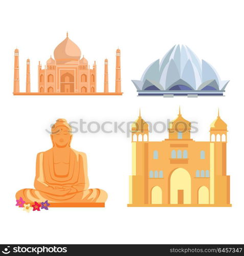 Set Indian Architectural Landmarks. Set famous Indian architectural attractions. Tadj mahal, Lotus temple, Buddha Statue, ancient palace flat style design vector illustrations. Summer vacation in India concept.
