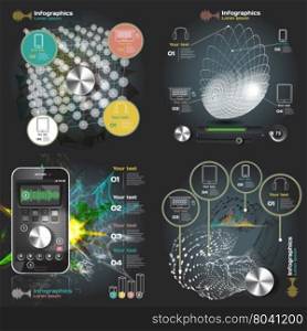set infographics with sound waves on a dark background