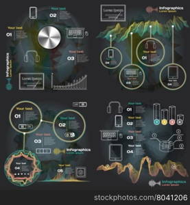 set infographics with sound waves on a dark background
