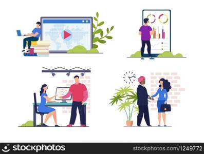 Set Informational Banner Education and Career. Guy Sits on Books at Laptop on Background an Electronic Device. Man and Woman Discuss Business in Office Cartoon. Vector Illustration.