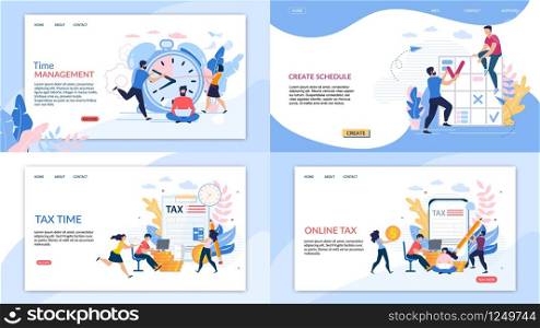 Set Informational Banner Online Tax Lettering. Flyer Inscription Time Management, Create Schedule, Tax Time. Office Workers, Men and Women in Hurry to Complete their Work in Allotted Time.