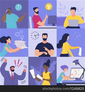 Set Informational Flyer Emotions at Work Flat. Stress, it is Impossible to Work Quickly and Efficiently. Employees Men and Women Perform Functional Duties Cartoon. Vector Illustration.
