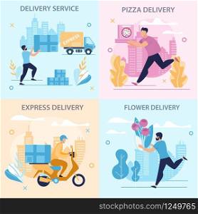 Set Informational Poster Delivery Service Flat. Flyer Written Flower, Pizza and Express Delivery. Safety Precautions, Lunch Break. Men Deliver around City Cartoon. Vector Illustration.